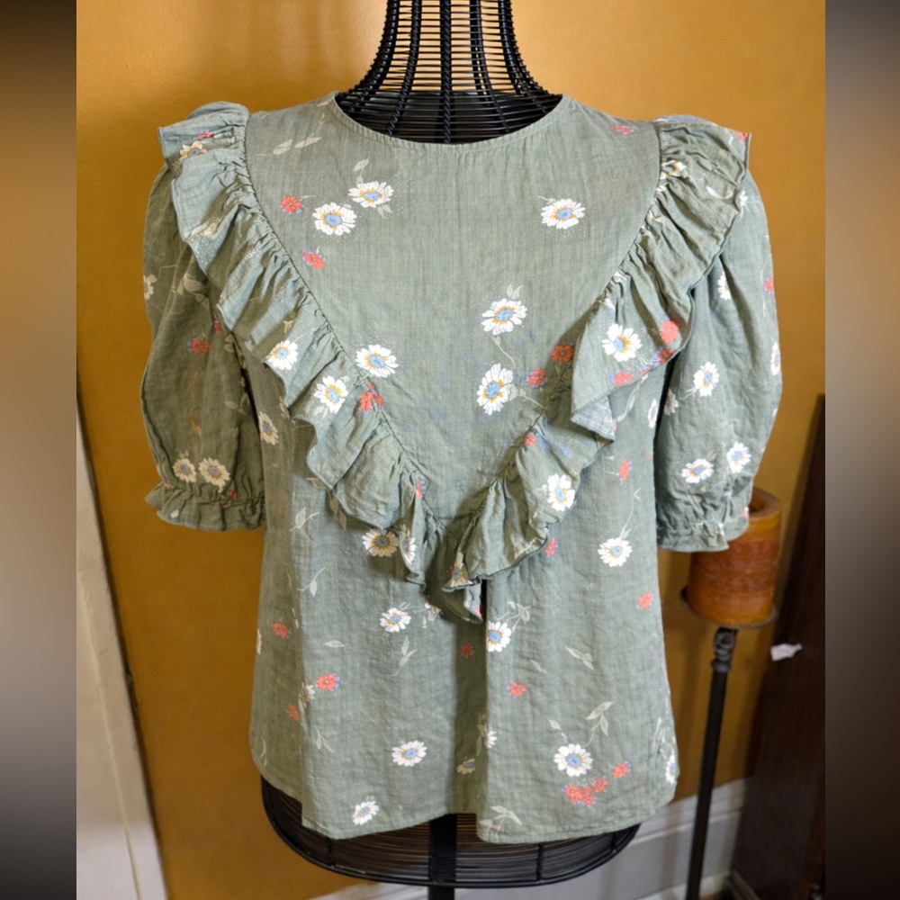 a.n.a Green Floral Ruffle Blouse